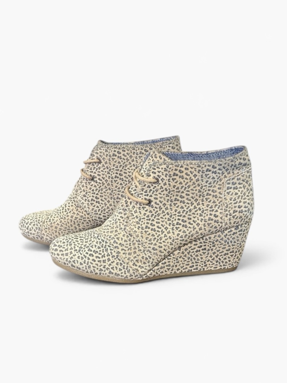 TOMS Women’s Desert Wedge Suede Lace Up Booties in Tan Cheetah Print 9.5